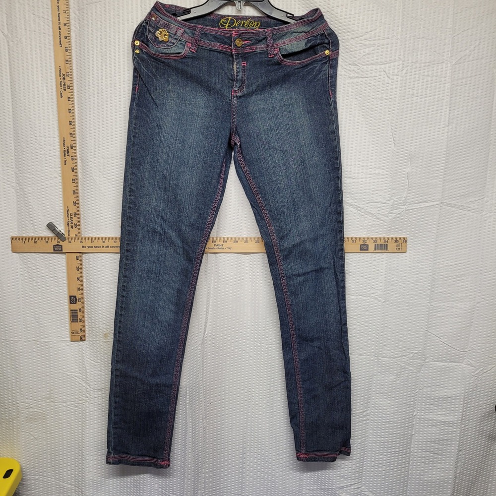 Dereon Dark Wash Pink Stitch Rhinestone Skinny Jeans Womens 7/8 RARE Y2K